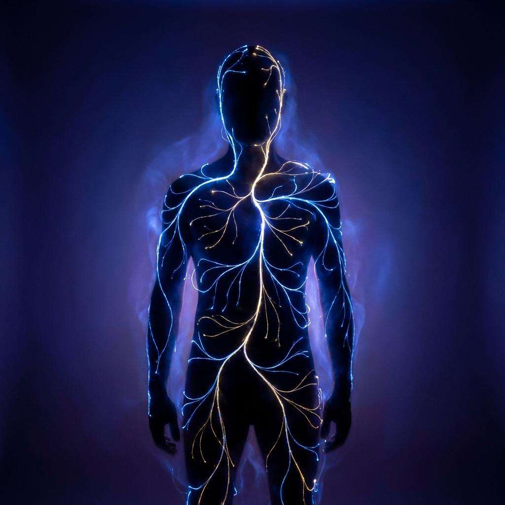 Silhouette of a human body with glowing blue and white branching neural-like pathways.