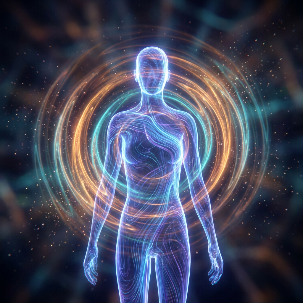 Glowing blue translucent human figure surrounded by radiating circles of orange and teal energy.