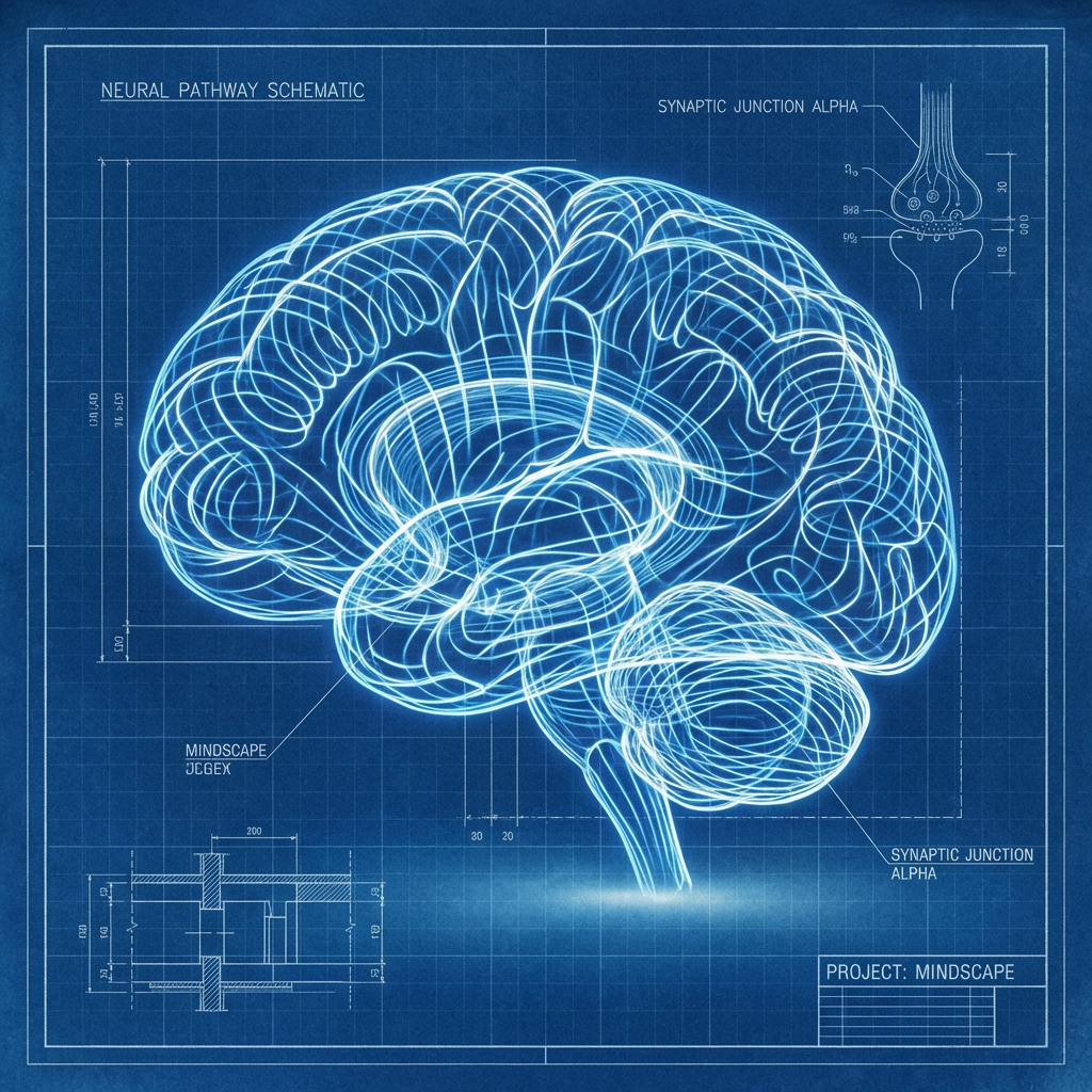 Neural Pathway Schematic of a brain with labels Synaptic Junction Alpha and Project Mindscape.