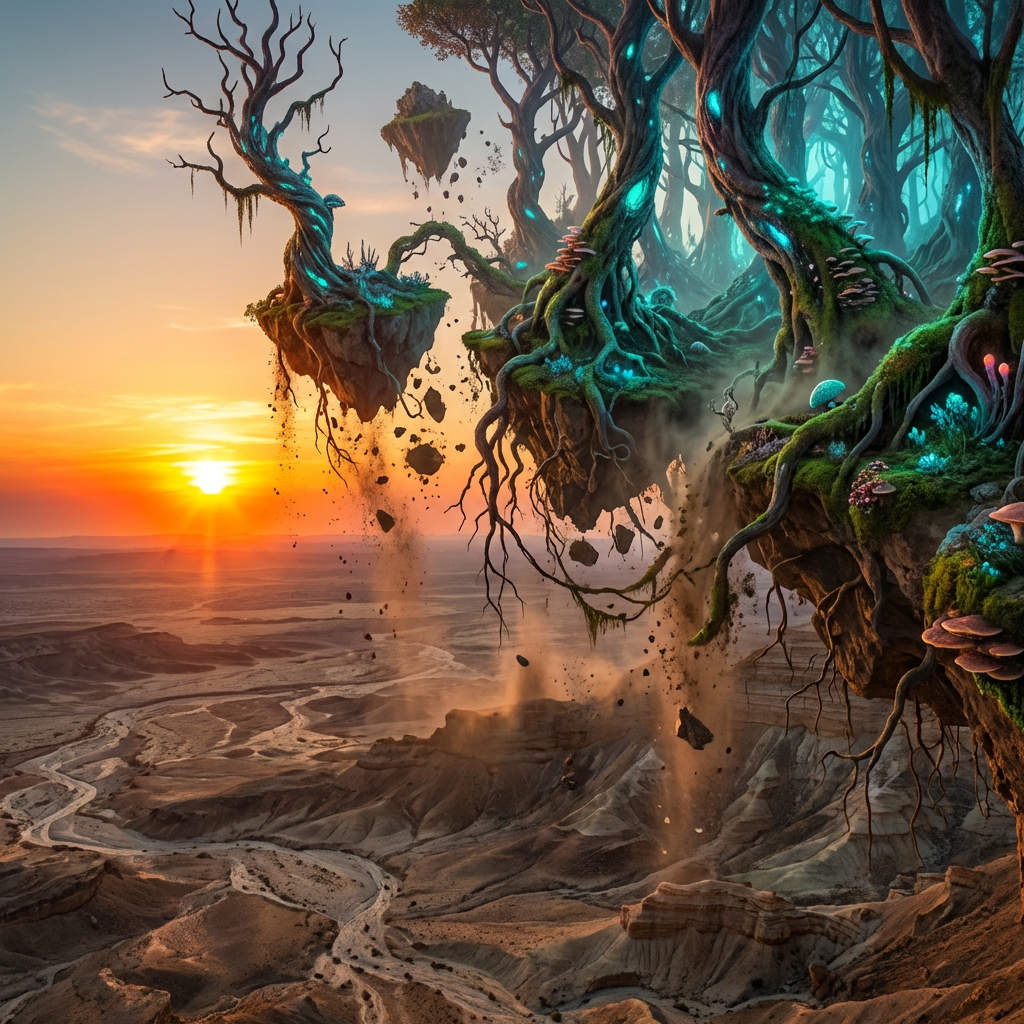 Floating islands with bioluminescent trees above a vast desert canyon at sunset.