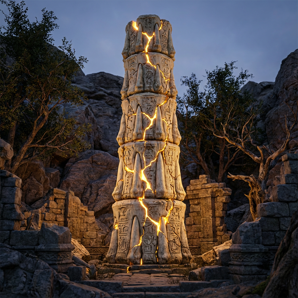 An ancient carved stone pillar with glowing gold cracks stands among rocky mountain ruins.