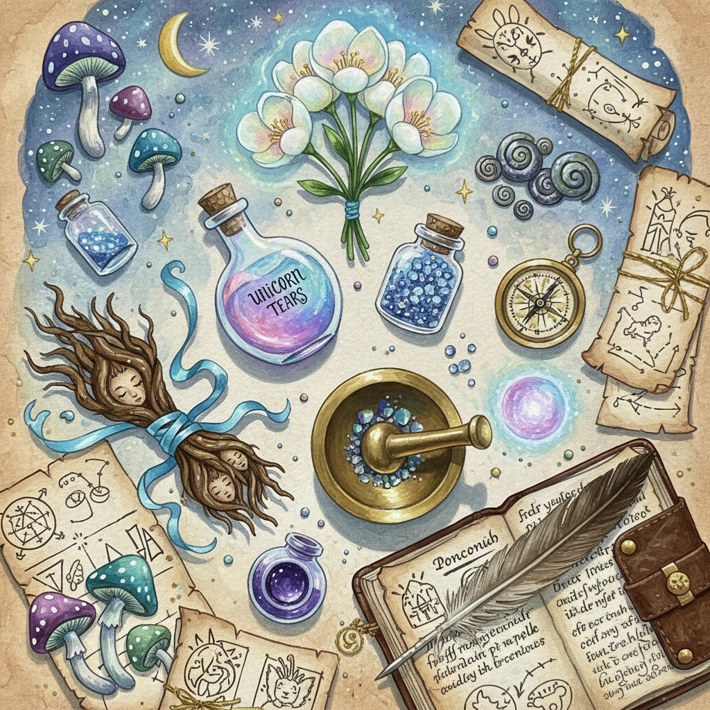 Magical items flat lay featuring 'Unicorn Tears' flask and 'Ponconich' book.