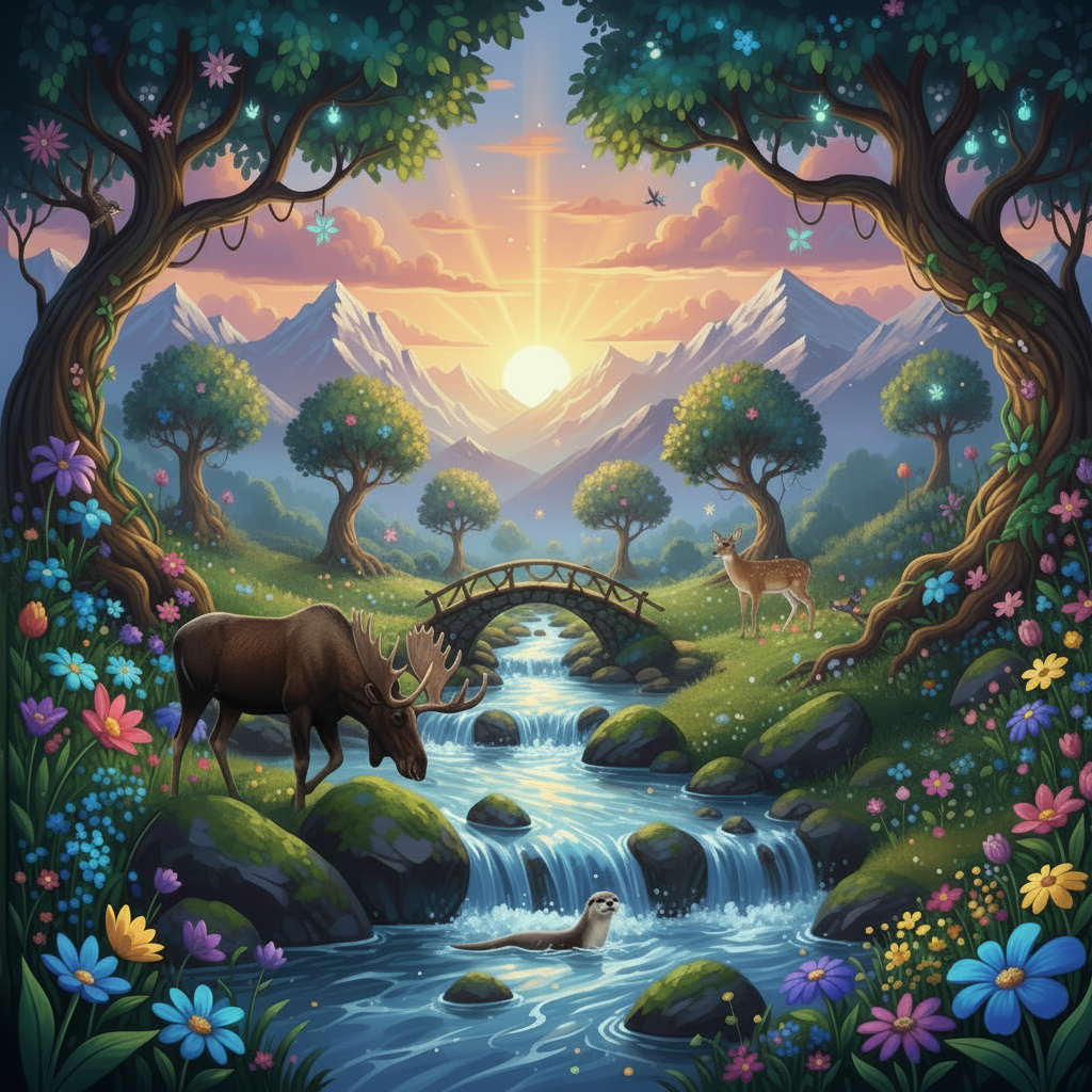 Winged unicorns and fairies in a lush, flowery valley with a river and sunset mountains.