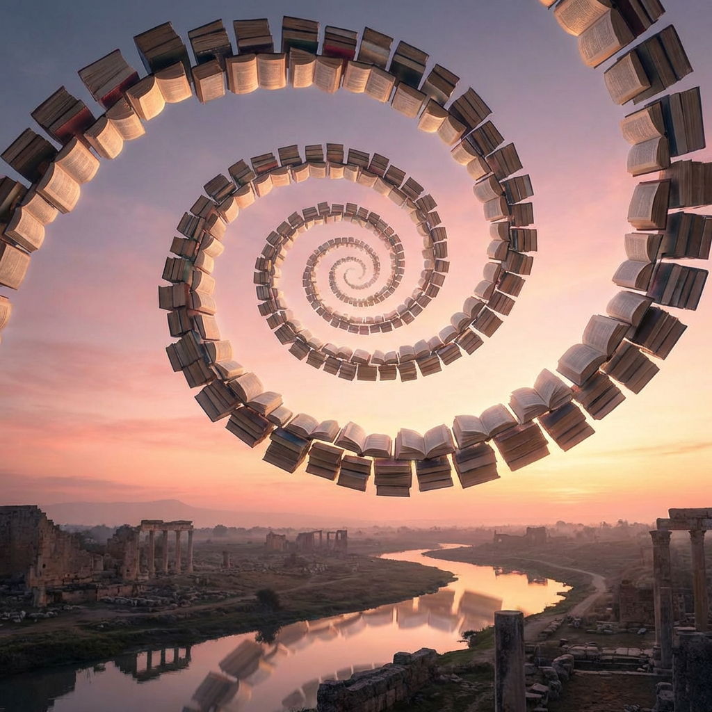 Spiral of floating books above ancient ruins and a river at sunset.