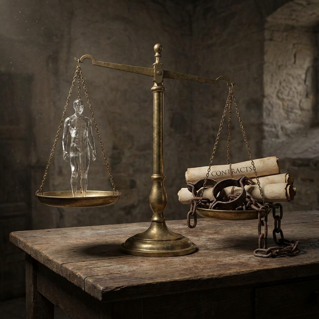 Scale weighing a glass human figure against scrolls labeled contracts and heavy metal chains.