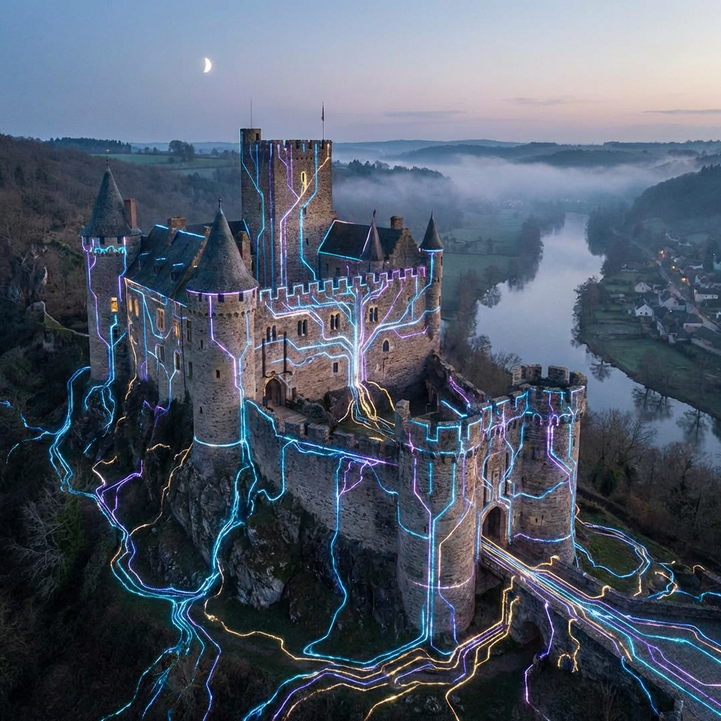 Medieval stone castle at dusk illuminated with glowing blue and purple circuit-like light patterns.