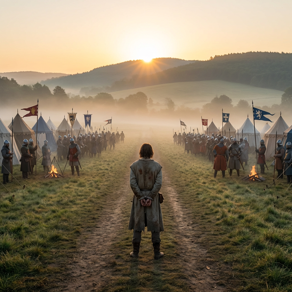 A bound prisoner stands on a dirt path facing rows of medieval soldiers and tents at dawn.