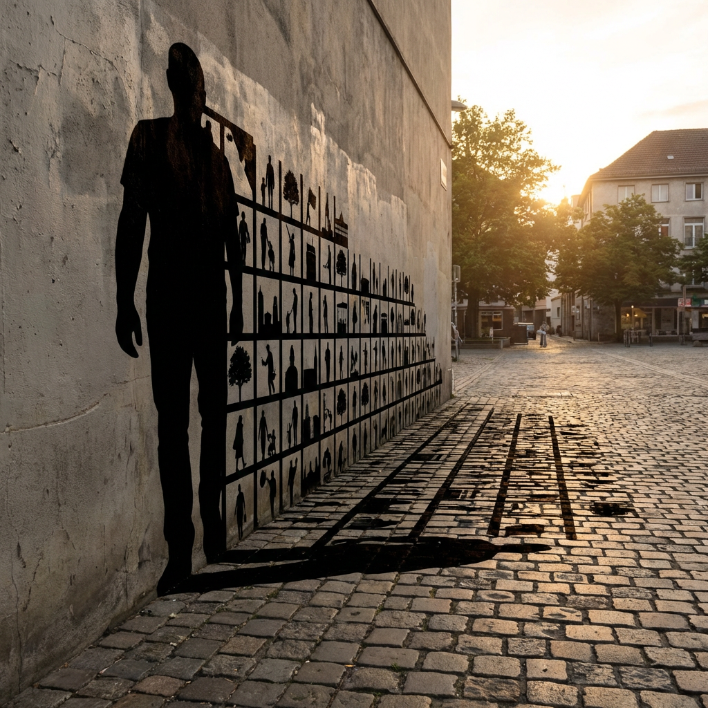 Large black silhouette mural on a building wall casting a shadow onto a cobblestone street.