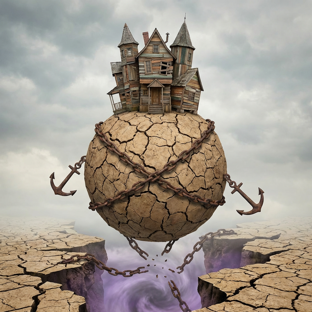 A dilapidated Victorian house perched on a giant cracked sphere wrapped in rusted chains.