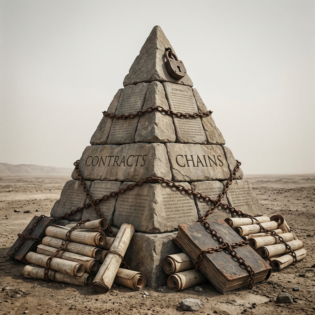 Stone pyramid with text 'CONTRACTS' and 'CHAINS' wrapped in heavy metal chains in the desert.