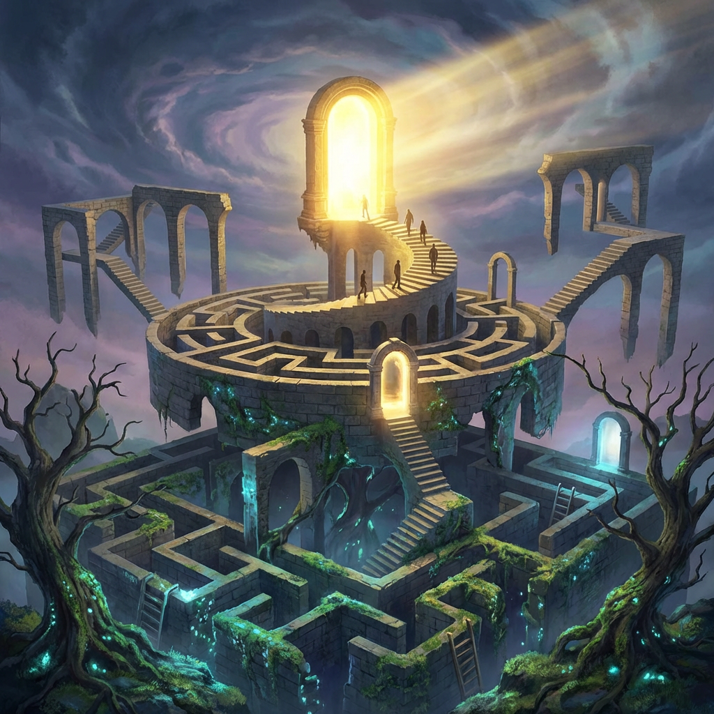 People climbing a spiral staircase in a stone labyrinth toward a glowing golden portal.