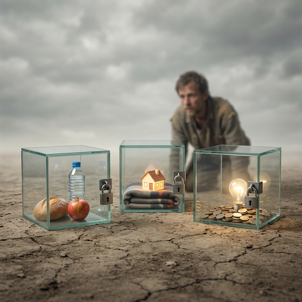 Locked glass boxes containing food, shelter, and money before a man on cracked earth.