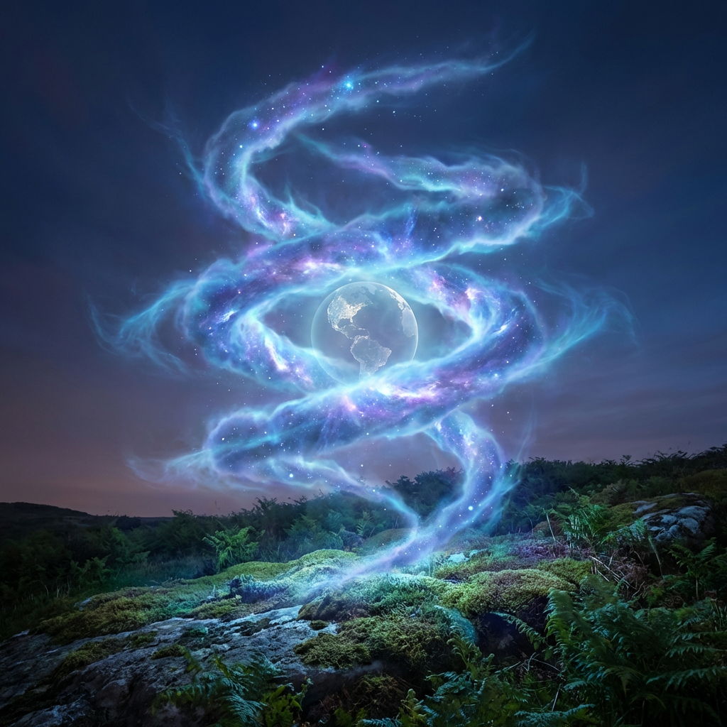 Digital illustration of Earth inside a swirling nebula rising from a rocky, fern-covered ground.