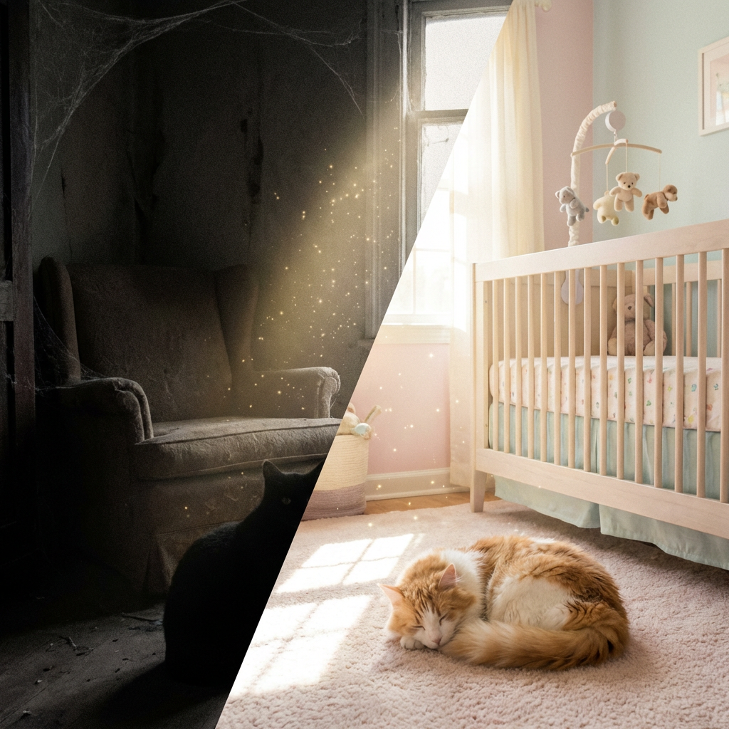 Split-screen image contrasting a dark abandoned room with a sunlit, modern nursery.