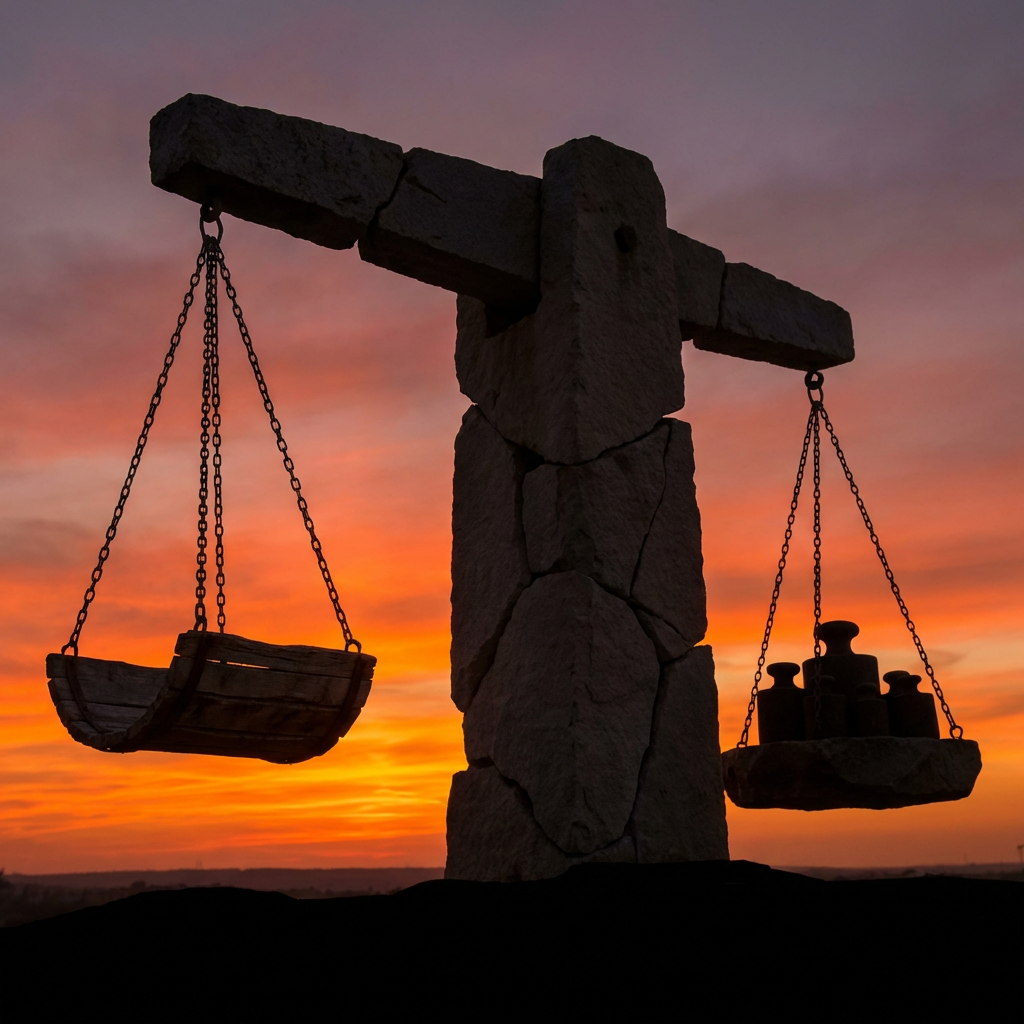 Silhouette of an imbalanced stone scale against a vibrant sunset.