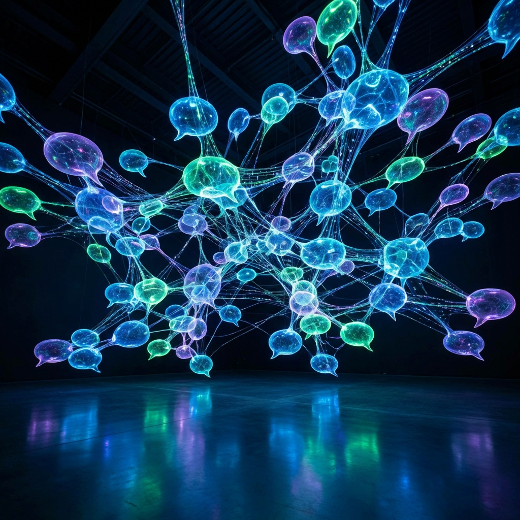 Interconnected network of glowing, translucent speech bubbles in blue, green, and purple hues.