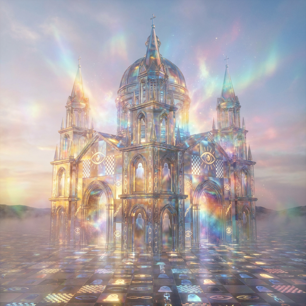 Iridescent cathedral with ghost figures and eye symbols on a checkered floor under a prismatic sky.