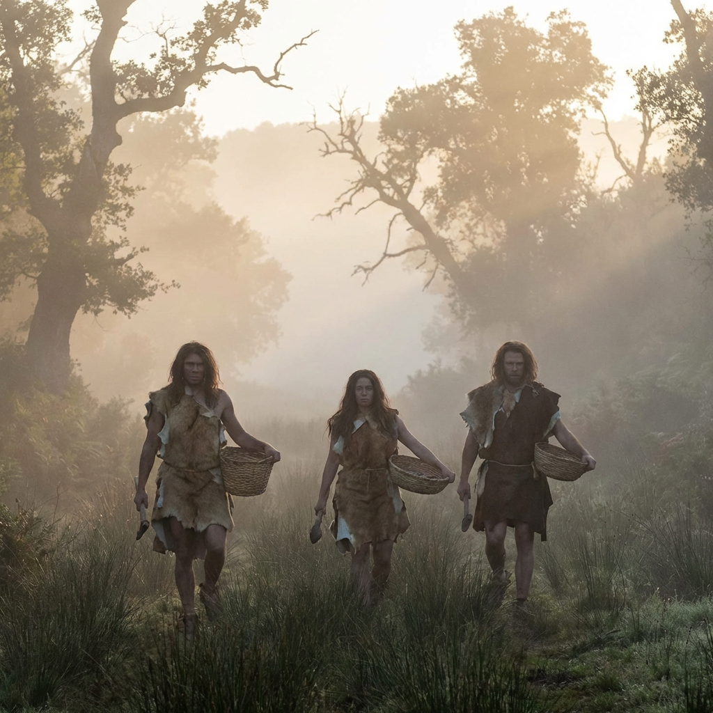 Three prehistoric foragers in fur clothing walk through a misty field carrying woven baskets.