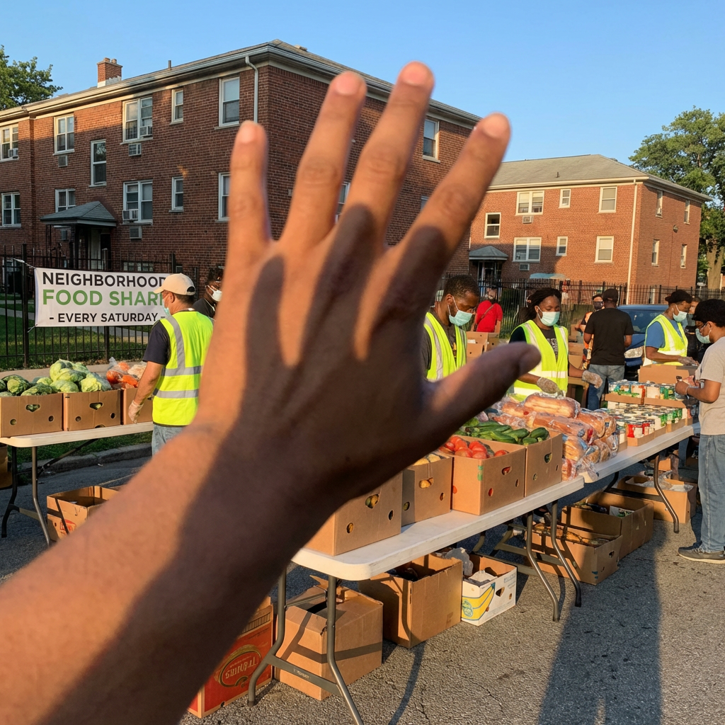 Volunteers at a "Neighborhood Food Share - Every Saturday" event distribute boxes of fresh produce.