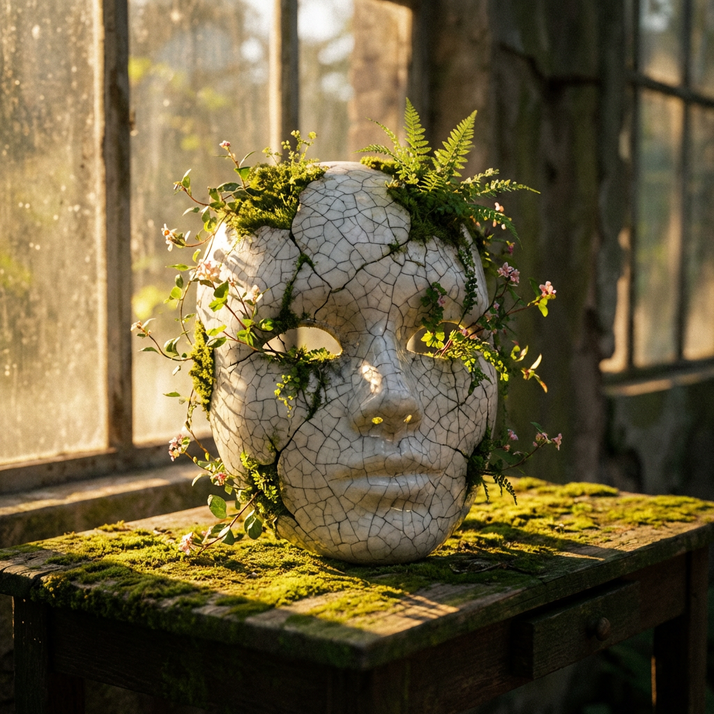 Cracked white mask with moss and pink flowers growing from its fissures.