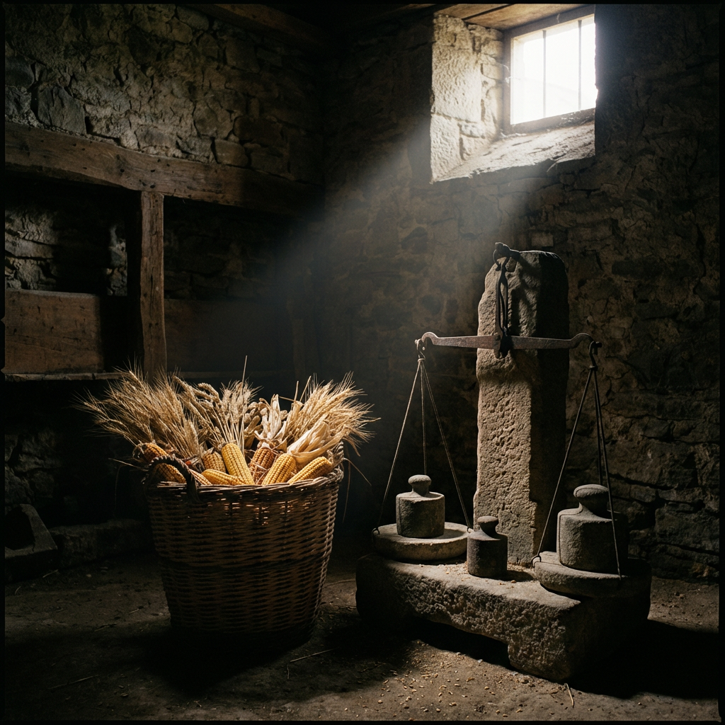 Basket of corn and wheat next to a stone scale in a dark cellar.