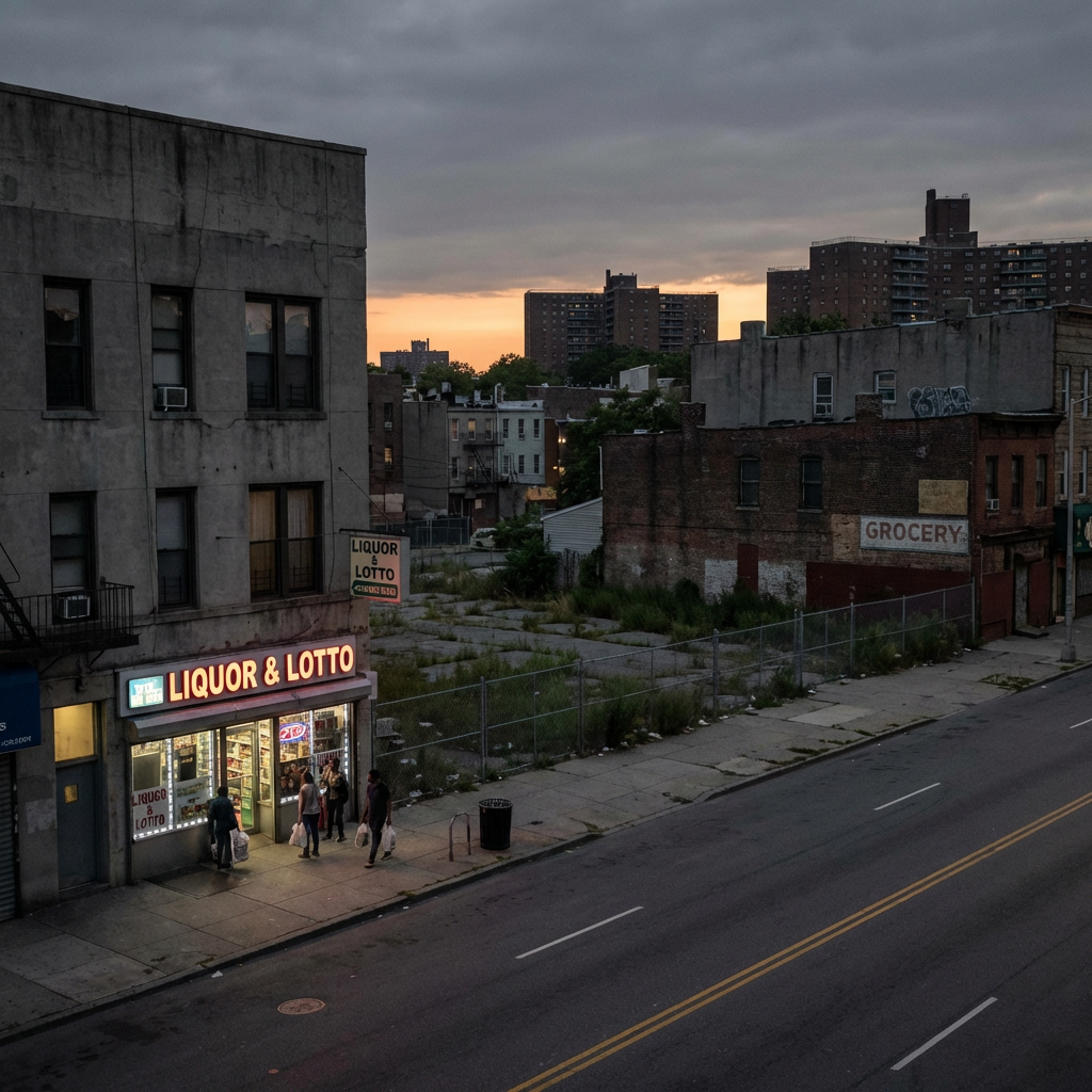 A glowing Liquor and Lotto storefront on a city street at dusk.