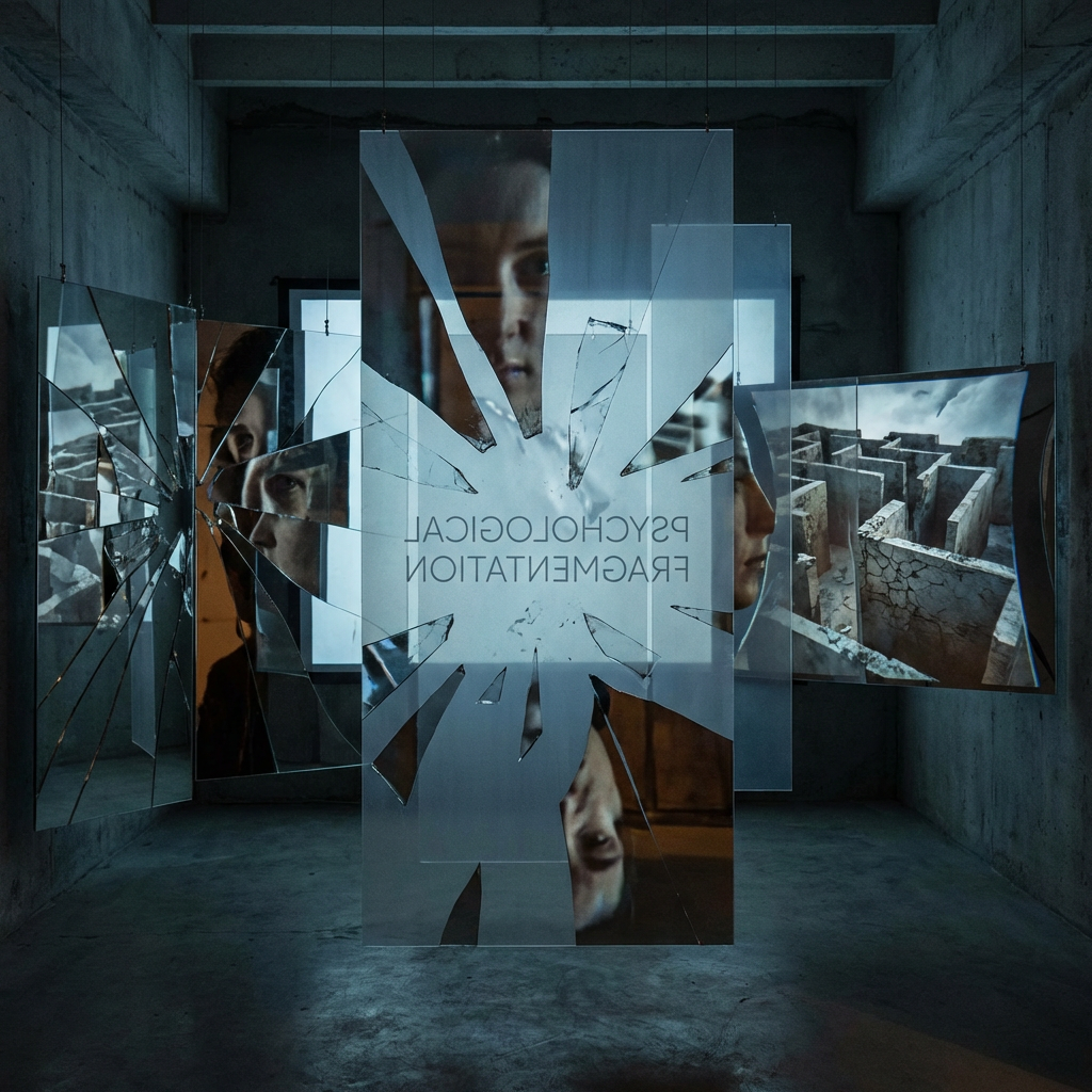 Installation of hanging shattered mirrors with mirrored text PSYCHOLOGICAL FRAGMENTATION and face reflections.