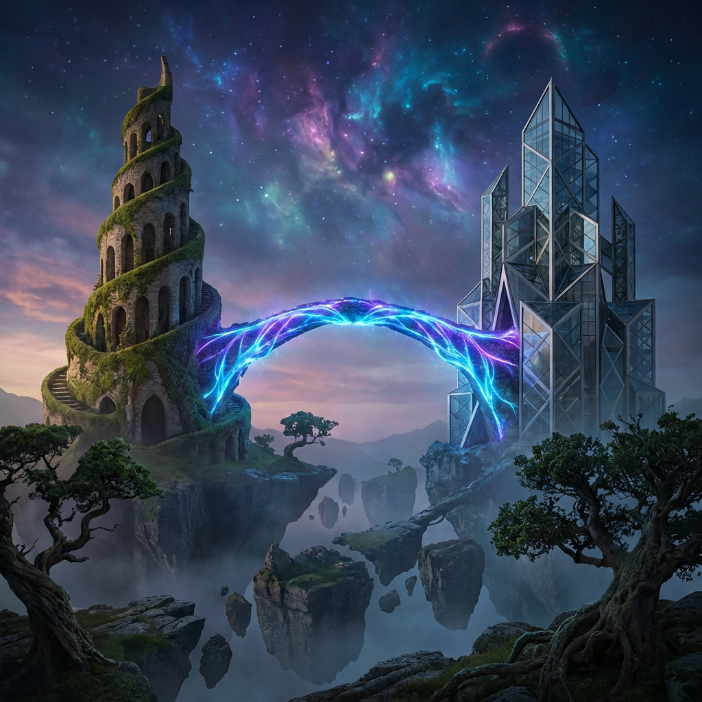 Ancient tower and modern glass building connected by a glowing energy bridge over floating islands.