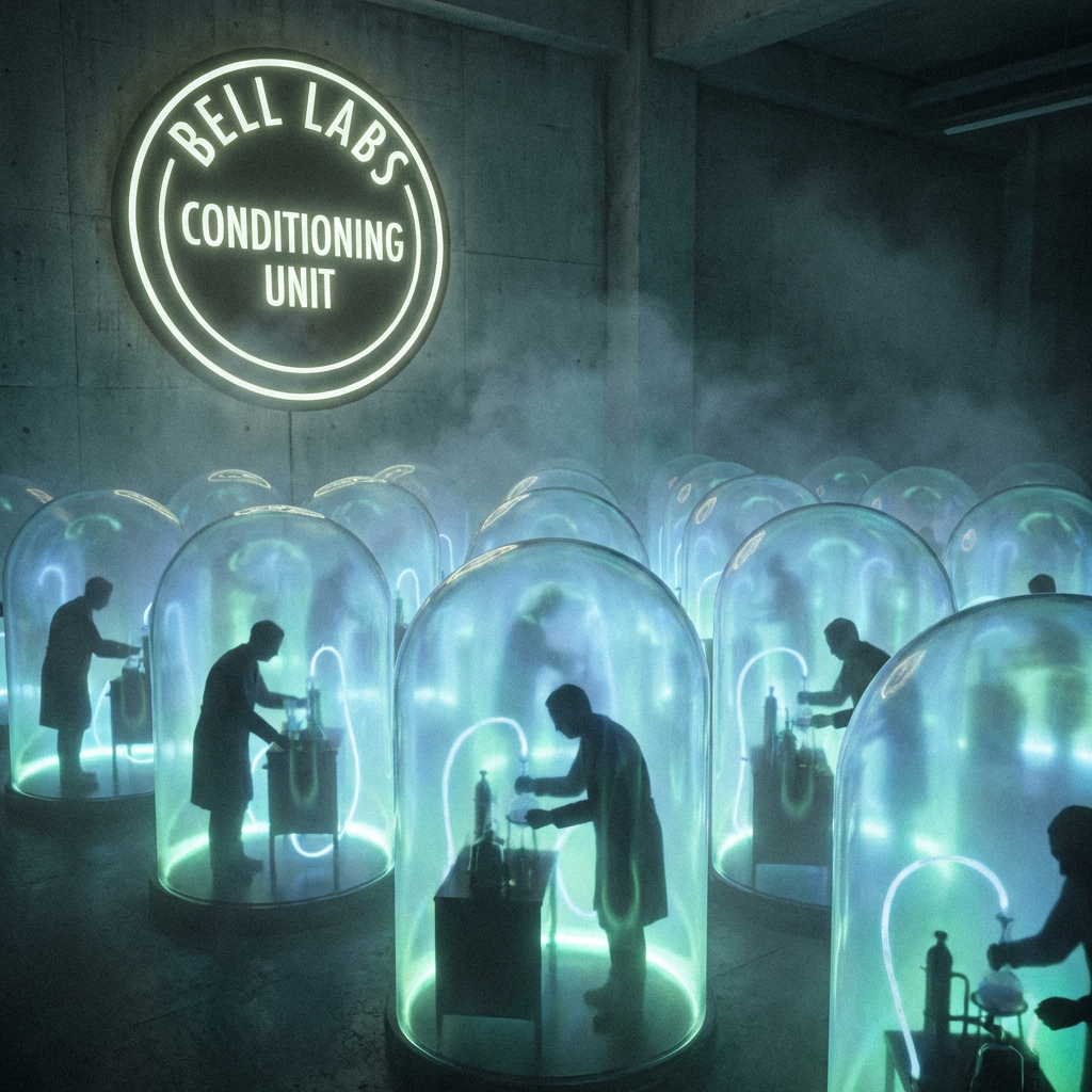 Scientists work in individual glowing capsules under a sign reading BELL LABS CONDITIONING UNIT.