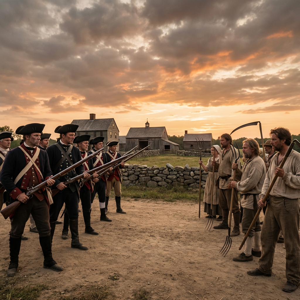 Uniformed Continental soldiers with muskets face farmers holding pitchforks and scythes at sunset.