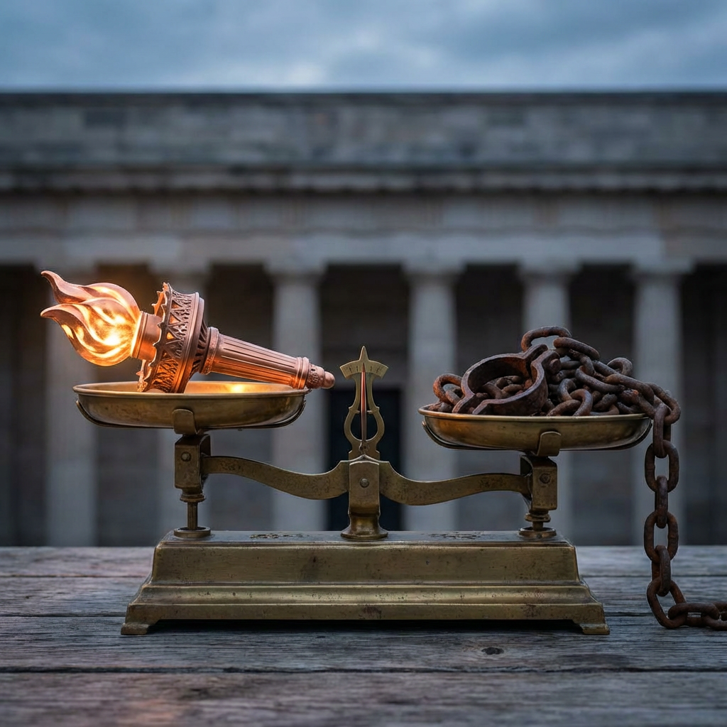 A balance scale holding a glowing torch and heavy rusted chains in equal weight.