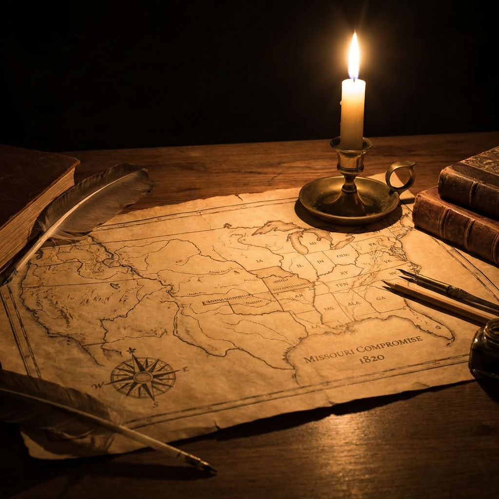 Antique map titled Missouri Compromise 1820 on a desk with a candle and quills.