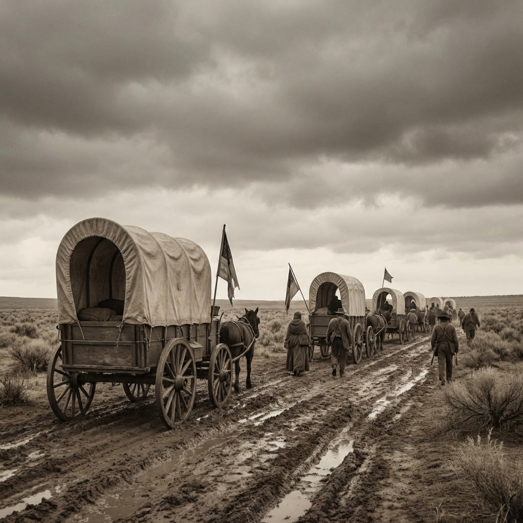 Pioneers with horse-drawn covered wagons journeying through a muddy field under overcast skies.