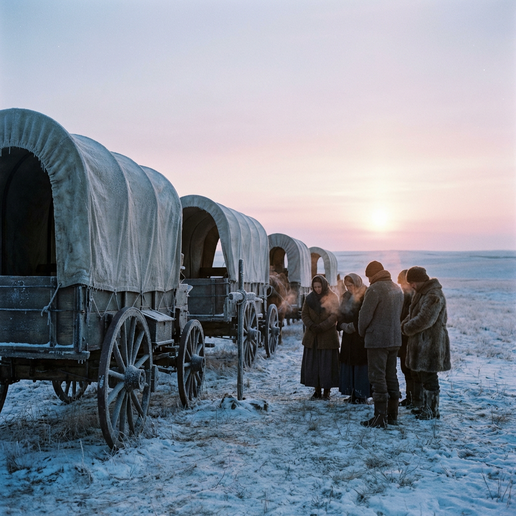 Pioneers huddle together near covered wagons on a frozen, snowy landscape at dawn.