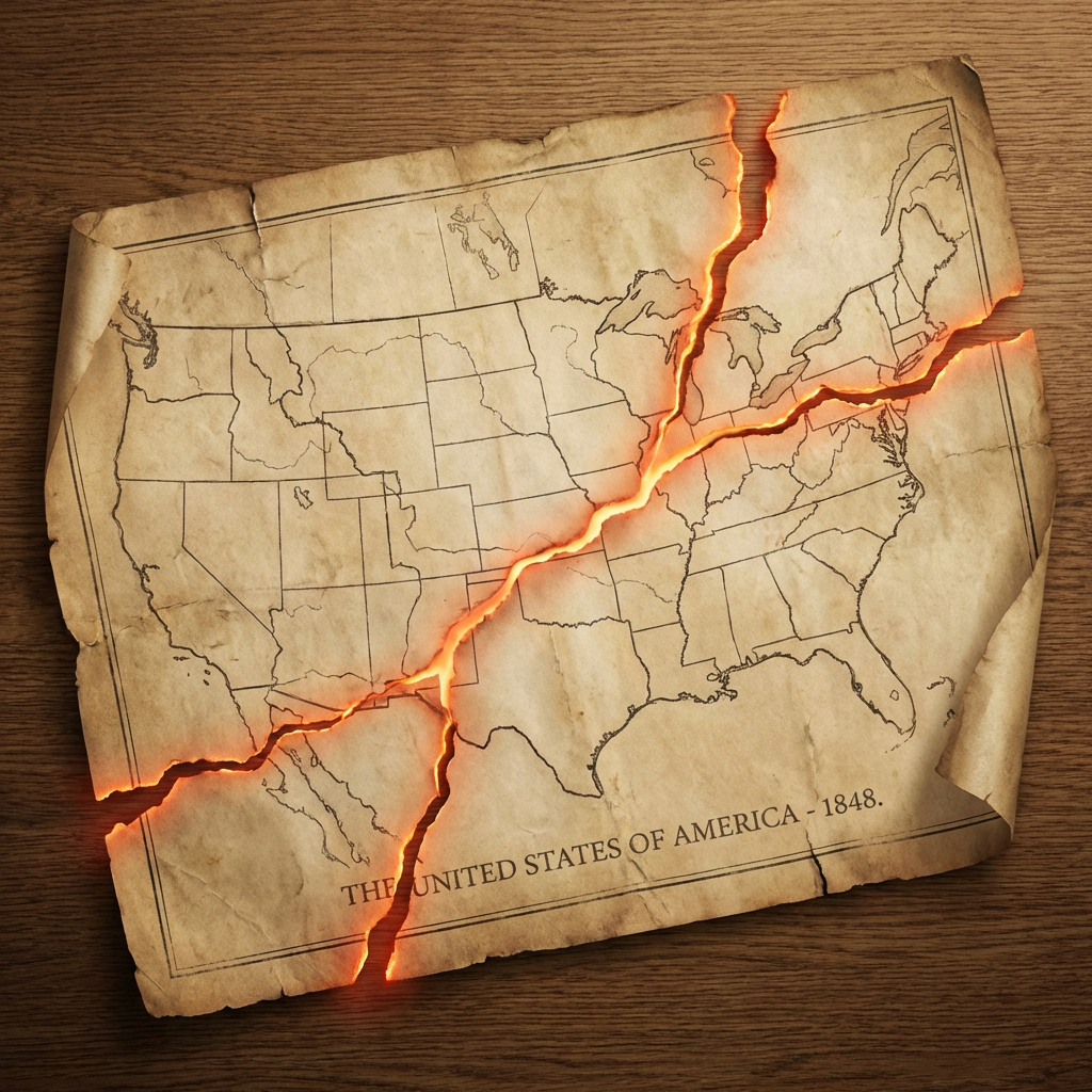 Vintage map titled THE UNITED STATES OF AMERICA - 1848 with glowing molten cracks.