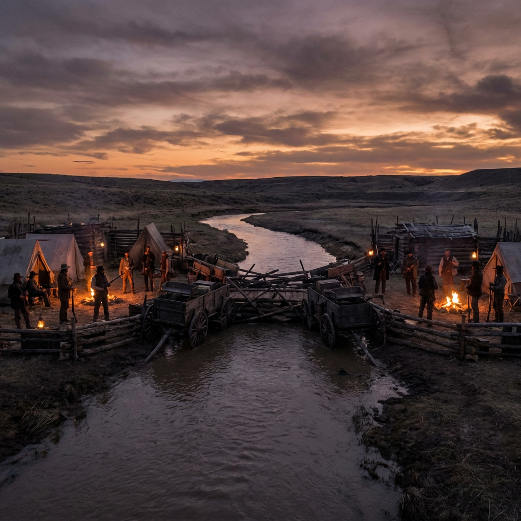 A pioneer encampment with tents and campfires on both sides of a river at sunset.