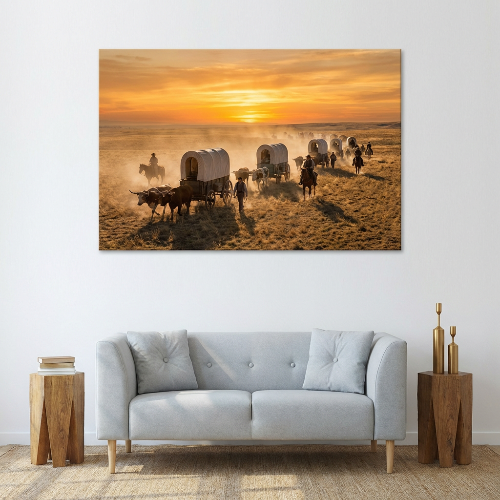 Light gray sofa centered beneath a large wall art print of a sunset wagon train.