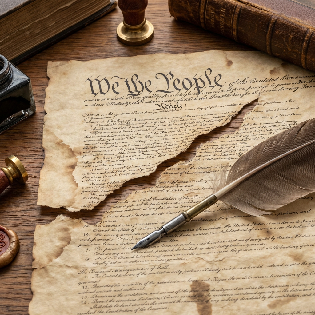 Aged parchment reading 'We the People' next to a feather quill and inkwell.