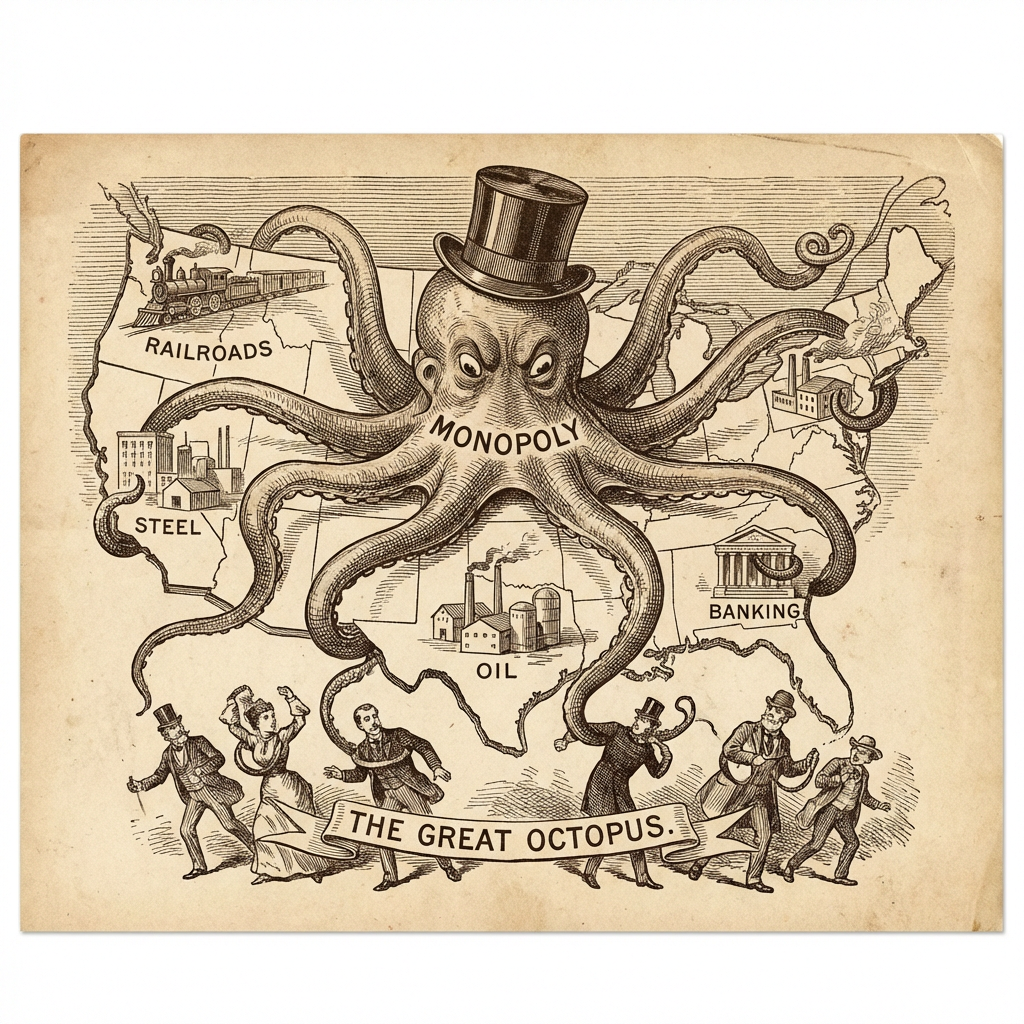 Octopus in a top hat labeled MONOPOLY clutching RAILROADS, STEEL, OIL, and BANKING on a US map. Banner reads THE GREAT OCTOPUS.