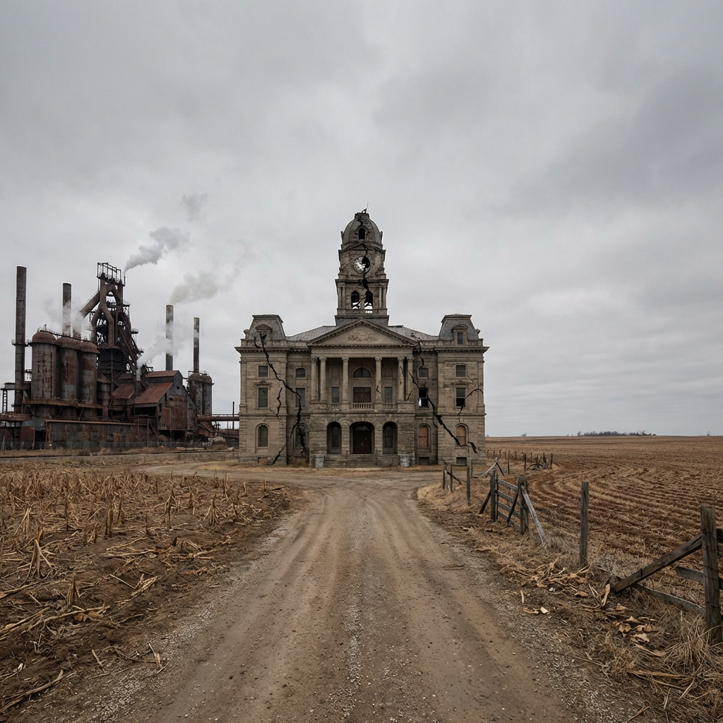 A cracked, abandoned stone courthouse stands near a large, rusty industrial factory under overcast skies.
