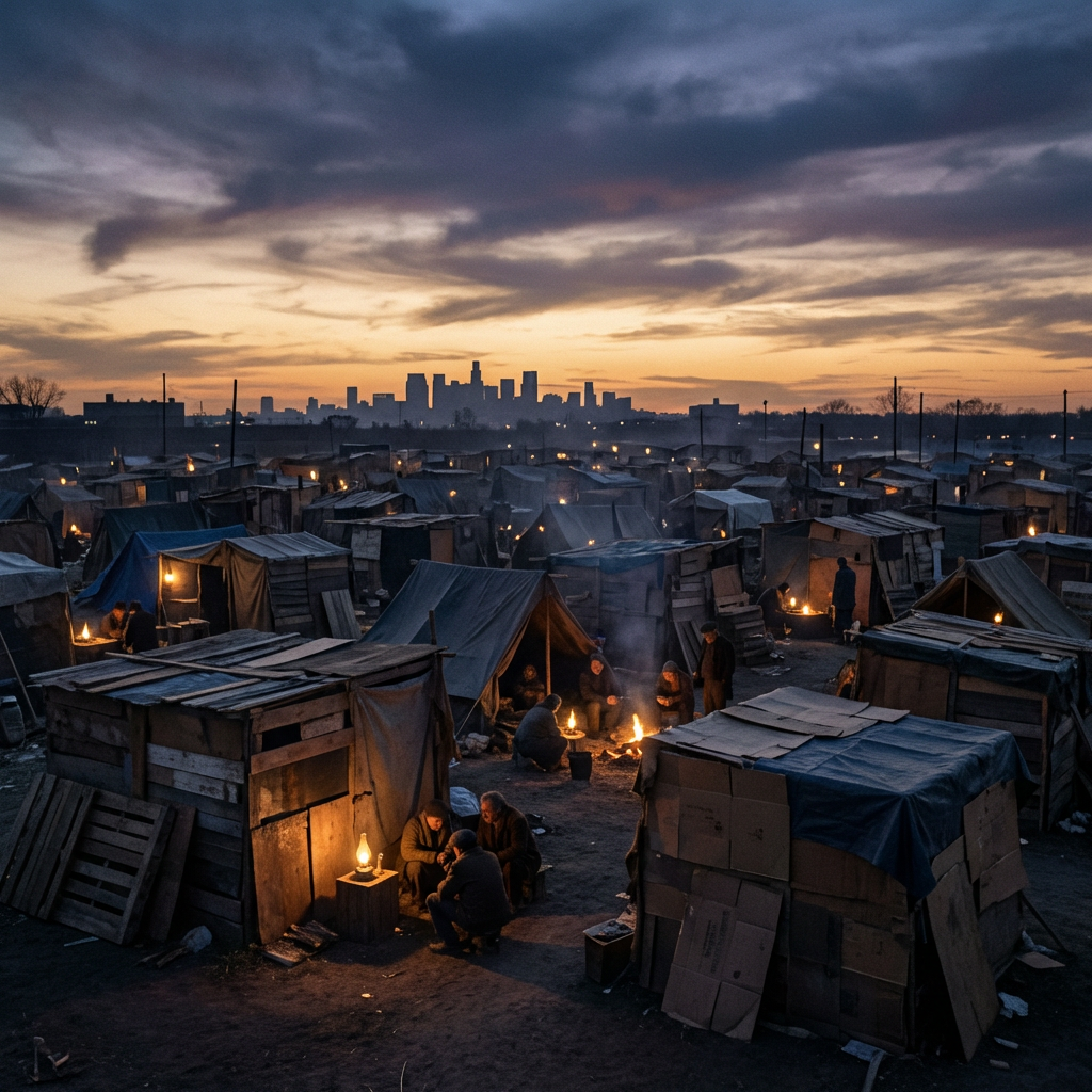 People gather around fires in a makeshift settlement with a modern city skyline in the background.