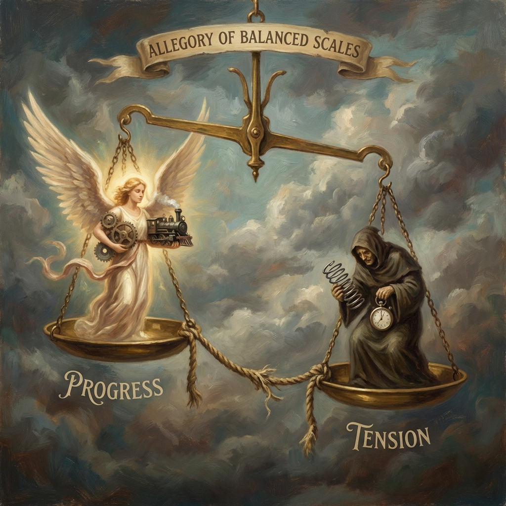 ALLEGORY OF BALANCED SCALES painting featuring figures for PROGRESS and TENSION.