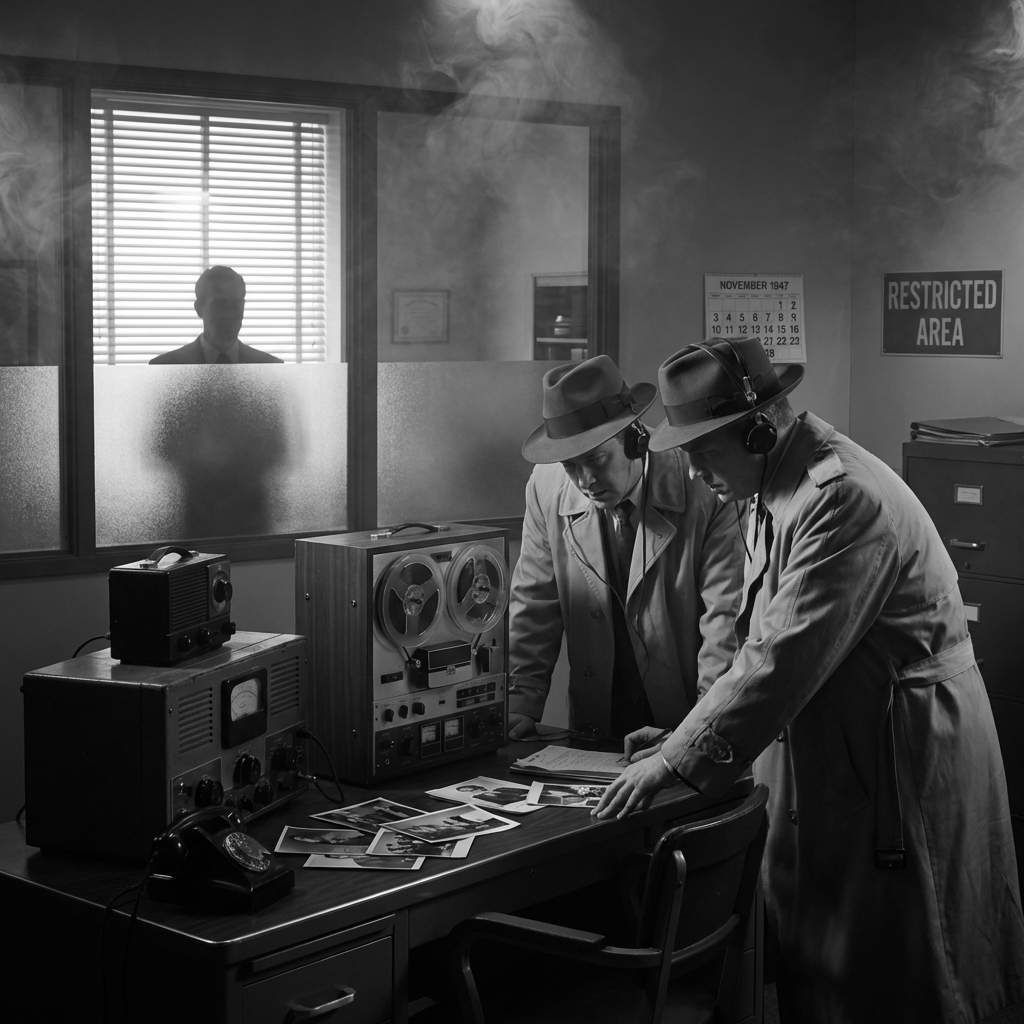Two men in fedoras using surveillance equipment in a room labeled Restricted Area, November 1947.