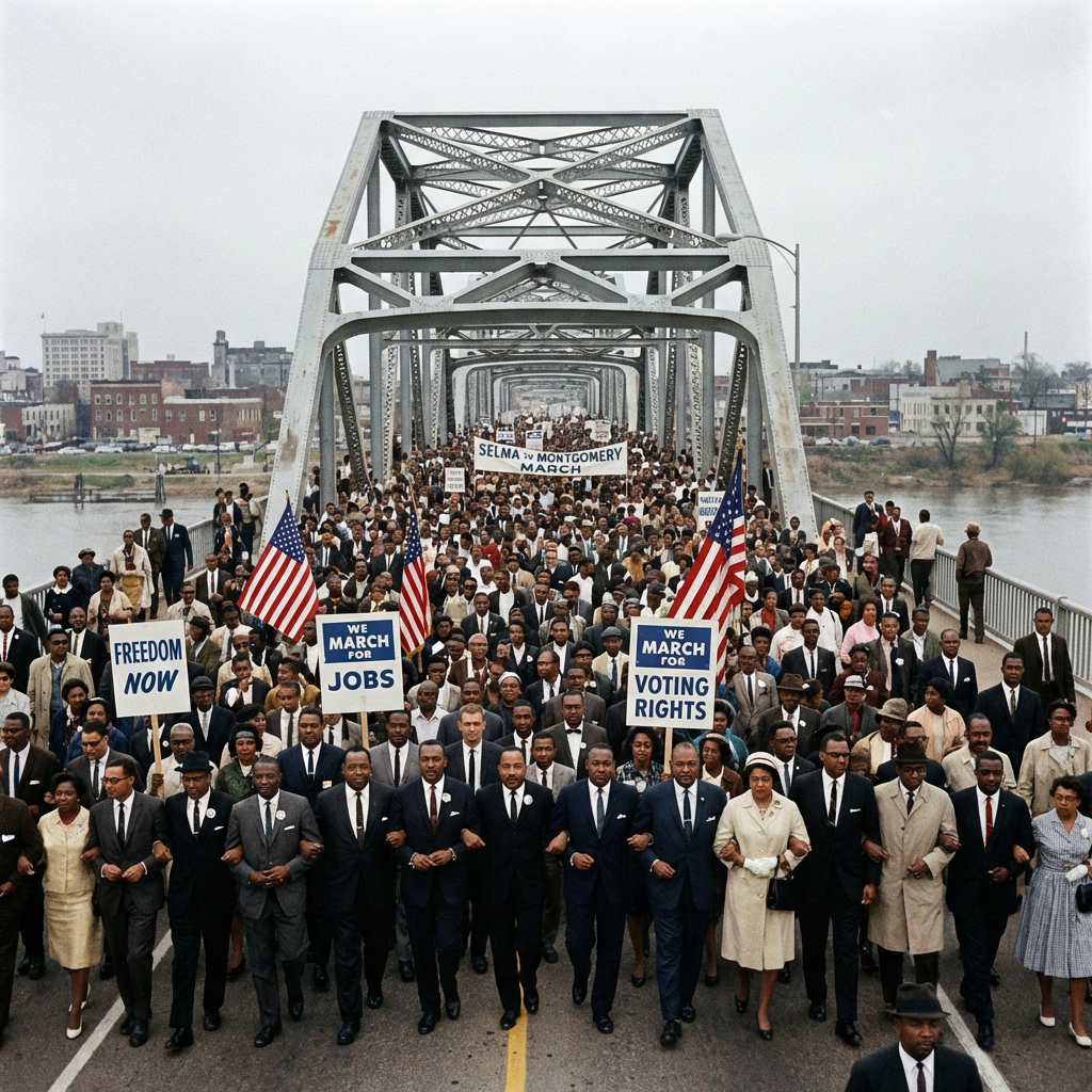 Civil rights leaders lead marchers across bridge with 'FREEDOM NOW' and 'VOTING RIGHTS' signs.