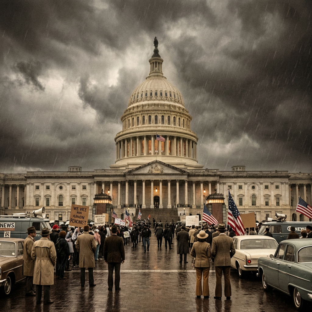 Protesters with flags gathered in front of the US Capitol building under dark, stormy skies.