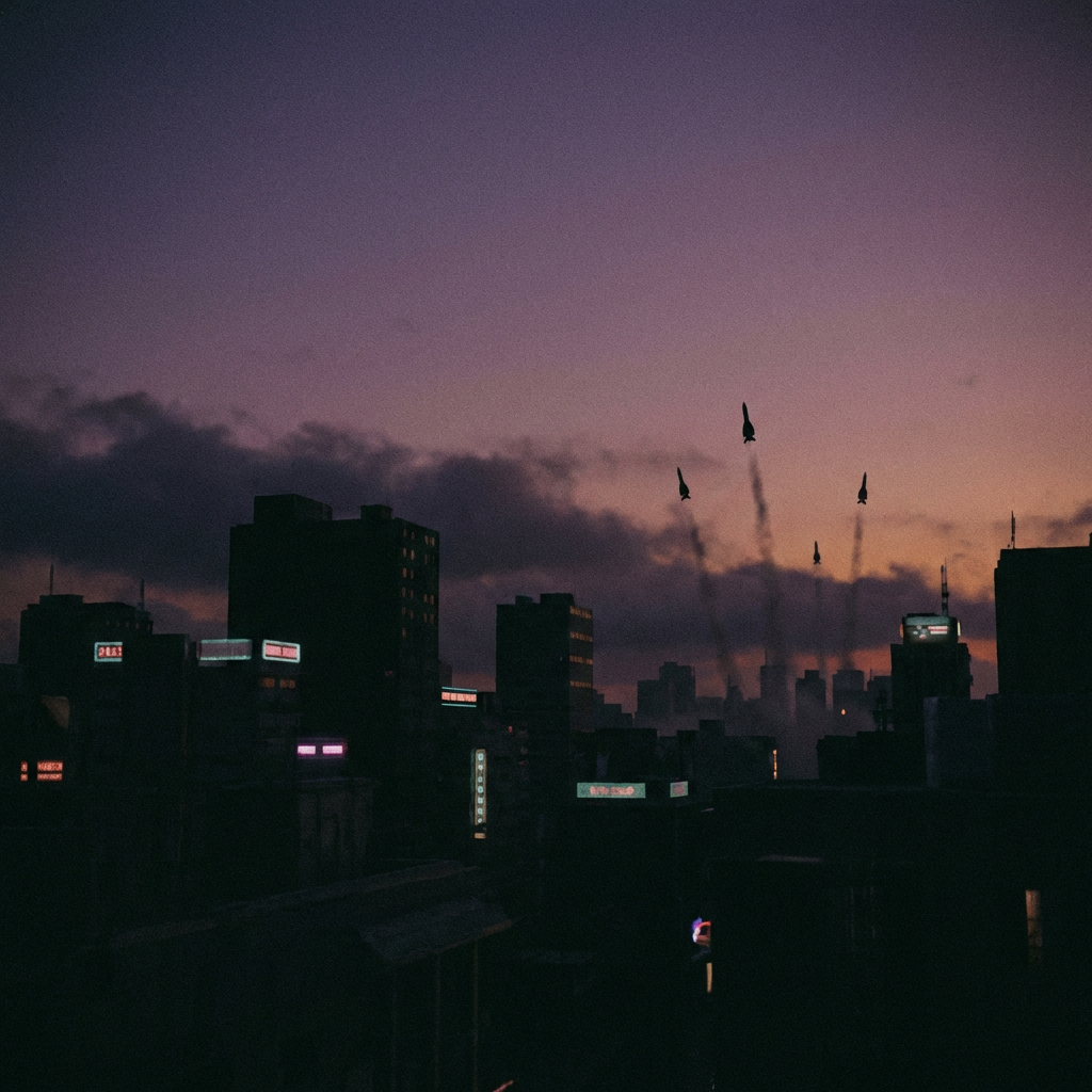 Four missiles launch from a silhouetted city into a purple and orange twilight sky.