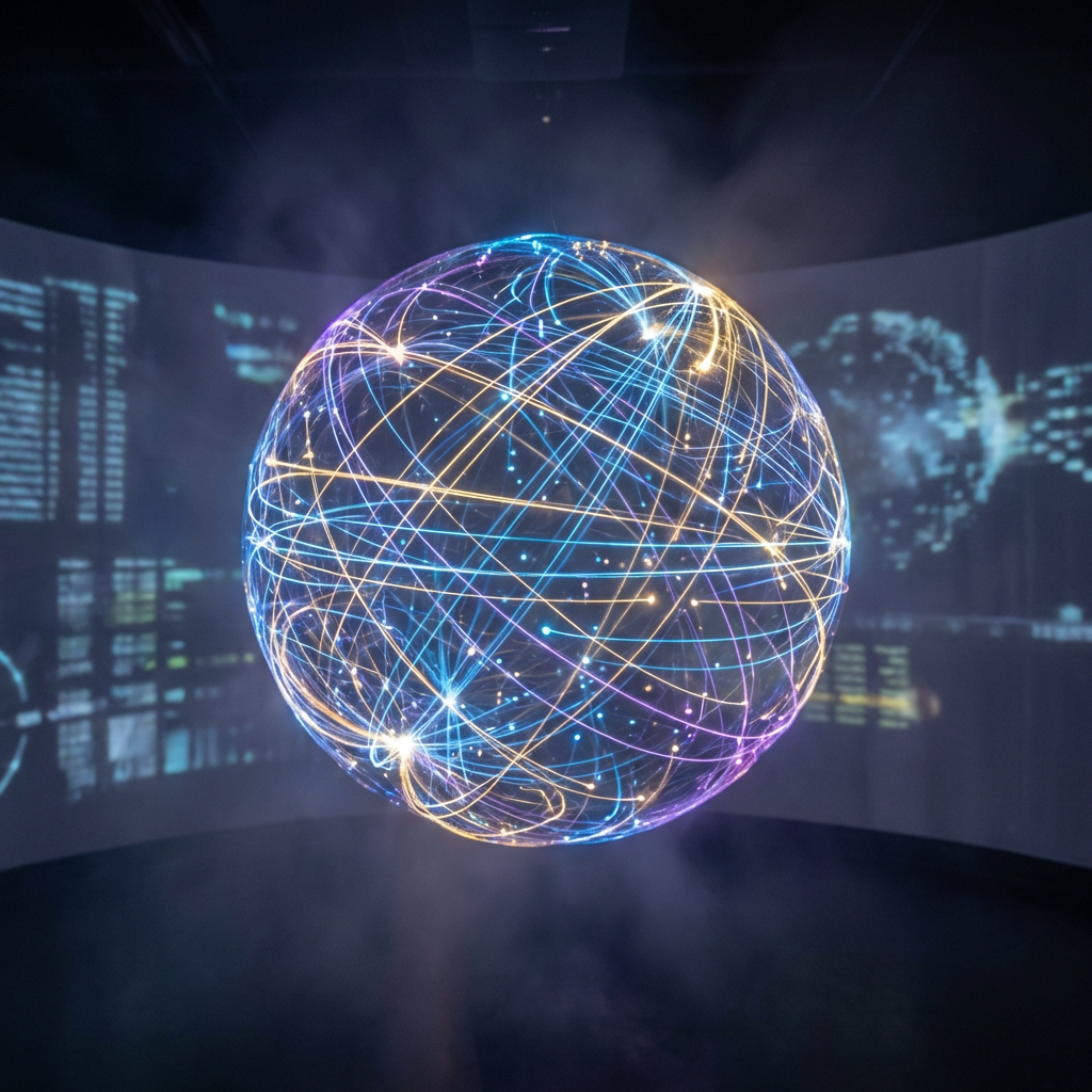Glowing sphere of interconnected light lines representing a global data network.