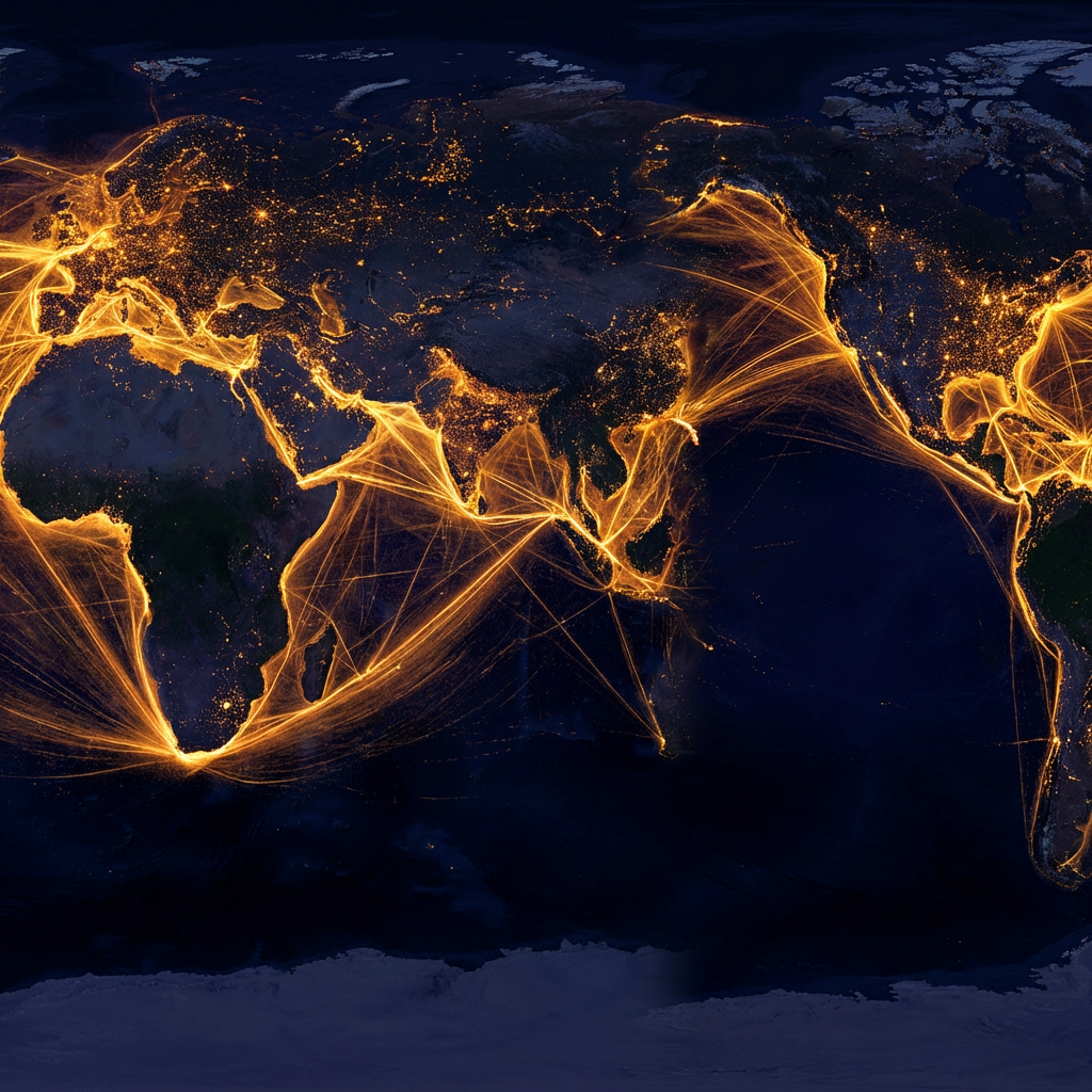 World map at night with glowing golden lines representing global trade and shipping routes.