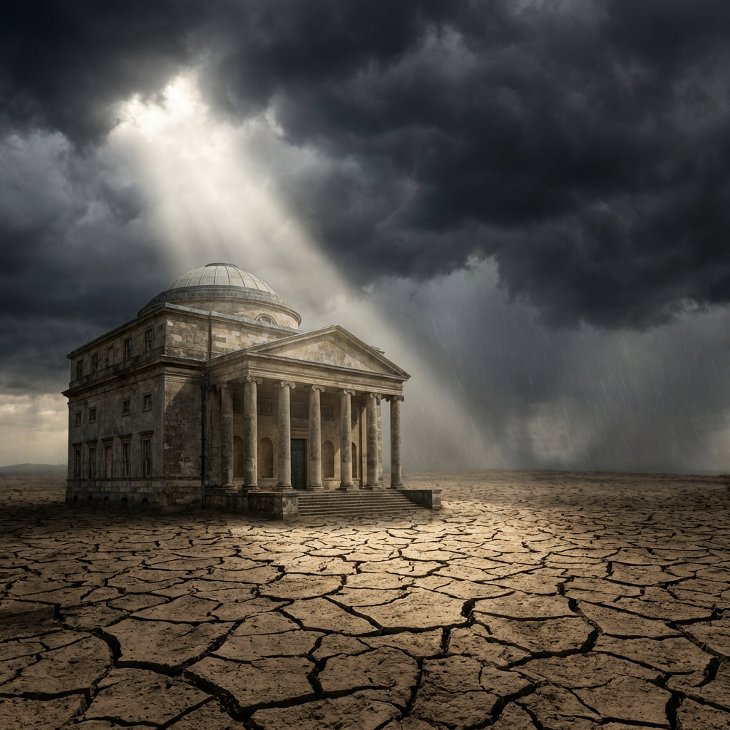 Neoclassical building in a cracked desert landscape under dark stormy clouds and a single sunbeam.