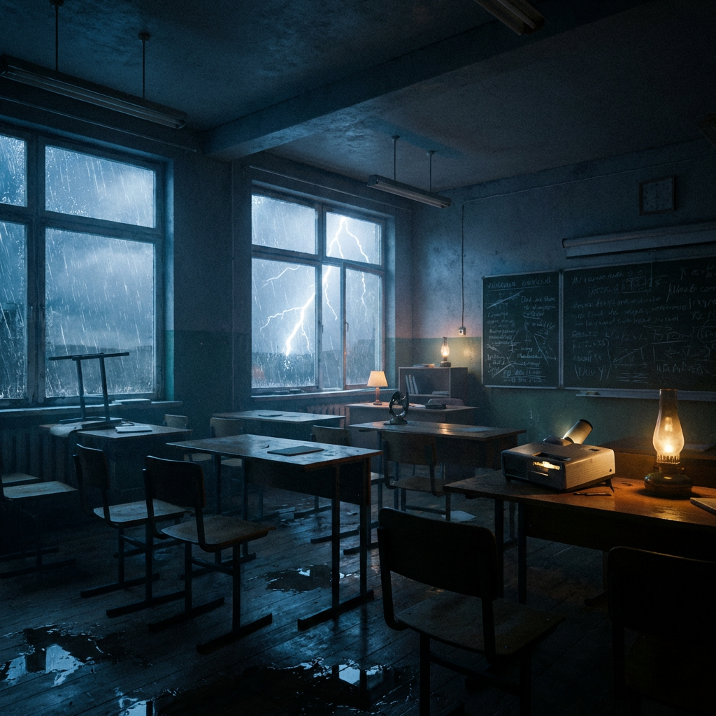 Dimly lit classroom with lightning outside windows, old wooden desks, and warm oil lamps.